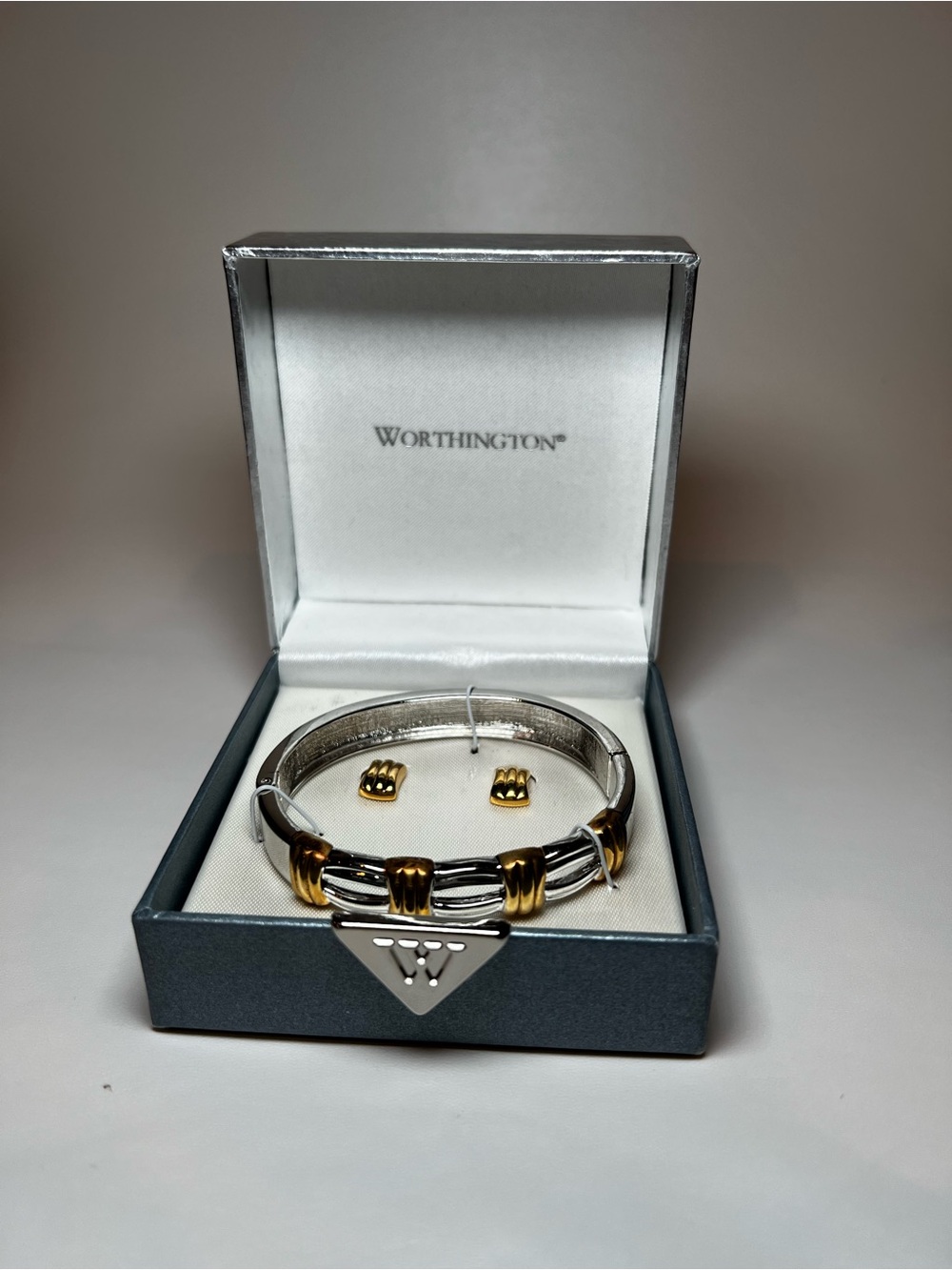 Worthington NIB two toned gold silver hinged bangle stud earring set